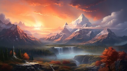 Mountain landscape at sunset  - obrazy, fototapety, plakaty