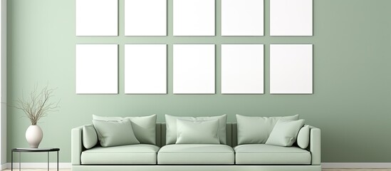 Capture the details of a sofa in a living space featuring a vibrant green wall as the background