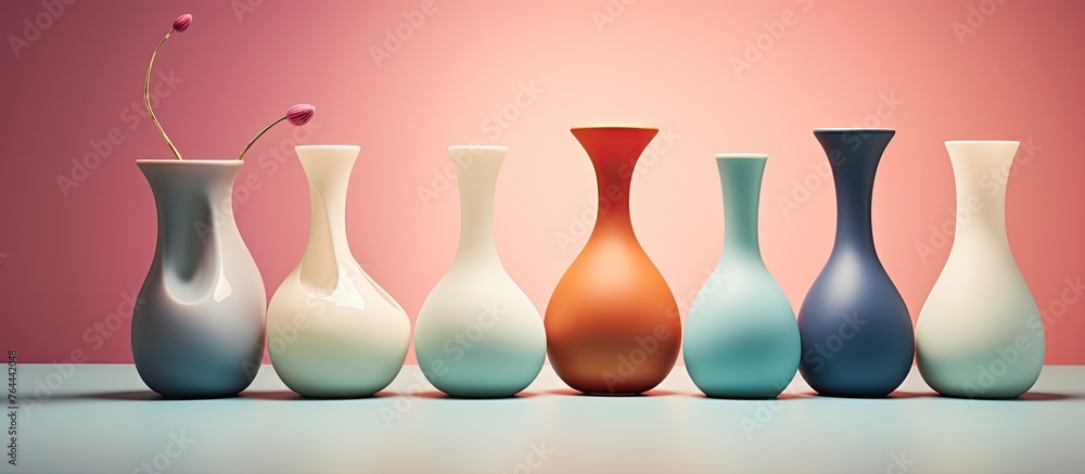 Poster there are five vases with flowers in them sitting in a row on a surface
