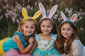 Three girls smiling celebrating easter, wearing easter bunny headband in the spring garden