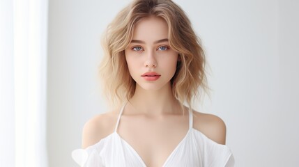 Blonde woman with a captivating smile and long hair, exuding beauty and style in a fashion portrait