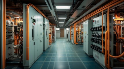 Industrial equipment control room corridor with wires, Corridor in Working Data Center Full of Rack Servers - obrazy, fototapety, plakaty