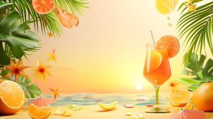 summer background with fresh drink and fruit