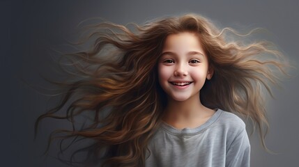 Fototapeta premium Smiling cute girl with long hair ,A beautiful girl with long, flowing hair and a touch of makeup graces this portrait