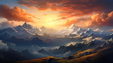 Majestic mountain panorama bathed in the warm glow of a summer sunset