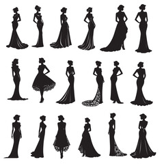 Woman with dress silhouettes black solid in white background vector image