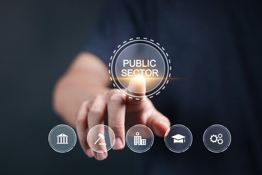 Public sector concept. government, education, health, municipal service, provide people infrastructure. Person touching public sector icon on virtual screen.