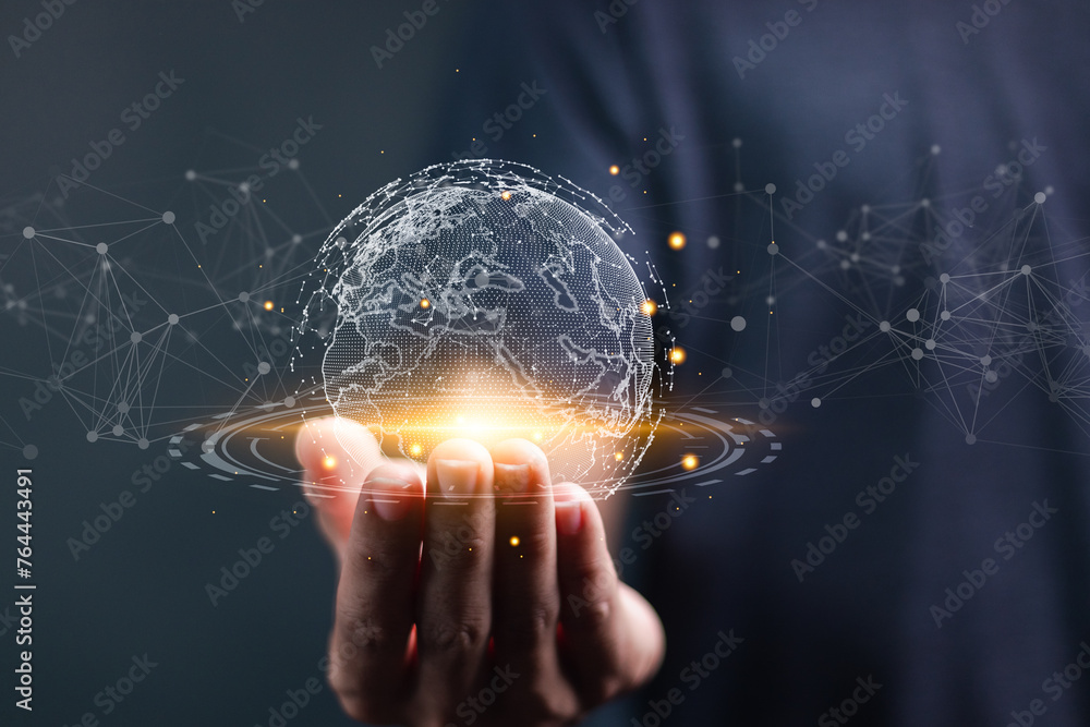 Poster global network concept. global communication network. person holding global network and data exchang