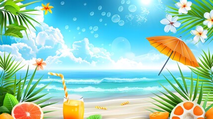 Fototapeta na wymiar summer background with fresh drink and fruit
