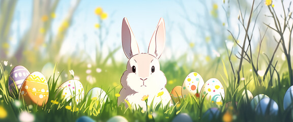 Hand drawn cartoon rabbit and eggs Easter illustration in the grass