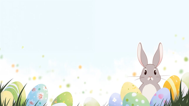 Hand drawn cartoon rabbit and eggs Easter illustration in the grass