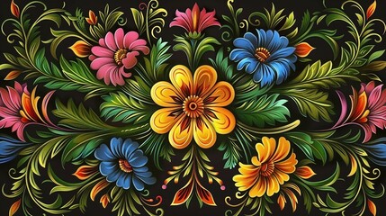 Fototapeta na wymiar Floral decorative pattern illustration with a central yellow flower.