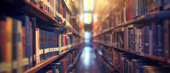 Closeup of books on wooden shelf with blurred background. Library background. - obrazy, fototapety, plakaty