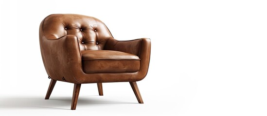 An up-close view of a chair made of brown leather upholstery and a sturdy wooden frame