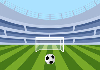 Soccer ball on green field in front of goal post. Football ball against sport stadium. © Orapun