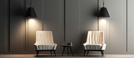 A pair of seats placed in a dimly illuminated room featuring walls painted in a dark shade, creating a cozy and intimate atmosphere