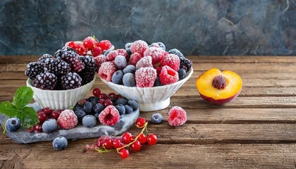 Mixed Frozen Berries and Peach on a Wooden Table with Copy Space