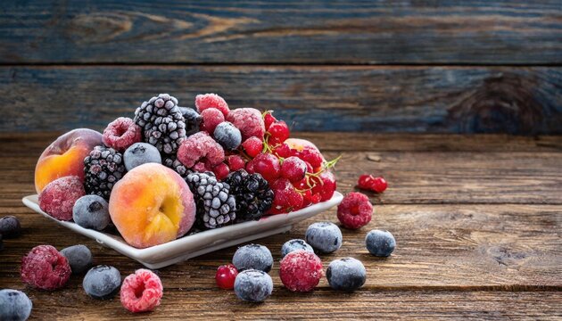 Mixed Frozen Berries and Peach on a Wooden Table with Copy Space