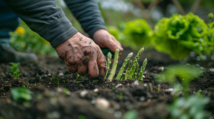 Hands picking asparagus from the soil.