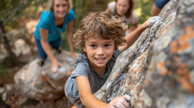 Image Siblings carefully scaling a towering rock wall their faces filled with determination. The youngest child confidently reaches for the next handhold while the older sibling