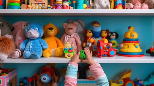 Joyful Child's Play Small Hands Arranging Toys on Bright New Shelf Excitement and Imagination Unleashed in Kids Room Organization