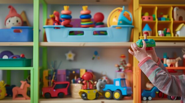 Joyful Child's Play Small Hands Arranging Toys on Bright New Shelf Excitement and Imagination Unleashed in Kids Room Organization