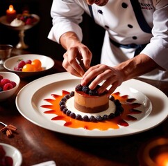 Fototapeta na wymiar Hands of a chef final tech decoration on plating of a dessert