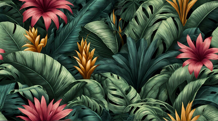  Tropical exotic seamless pattern with tropical green palm, collocation, banana leaves. Hand drawing botanical vintage background. Suitable for making wallpaper, printing on fabric .Generative AI