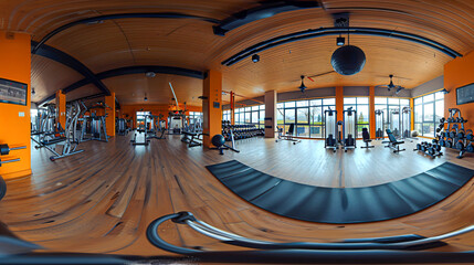 Panoramic view of a modern gym in Leeds with state-of-the-art fitness equipment, healthy lifestyle concept
