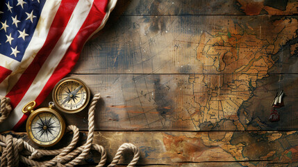 Columbus Day Theme, Overhead Shot of American Flag, Antique Compass, and Map