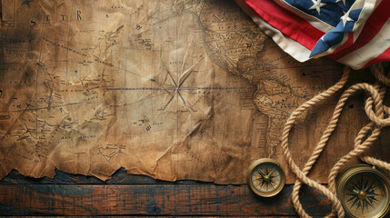 Naklejka premium Columbus Day Theme, Overhead Shot of American Flag, Antique Compass, and Map