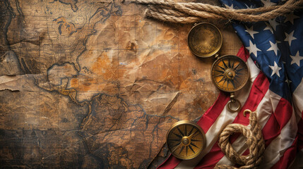Fototapeta na wymiar Columbus Day Theme, Overhead Shot of American Flag, Antique Compass, and Map