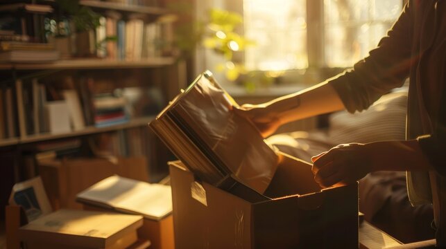 Unpacking New Beginnings Hands Pulling Books from Box in Sunlit Home