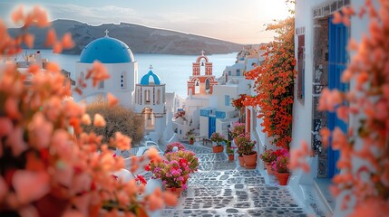 Fototapeta premium Santorini streets with windows and houses and flowers with tilt-shift miniature effect