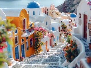 Santorini streets with windows and houses and flowers with tilt-shift miniature effect - obrazy, fototapety, plakaty