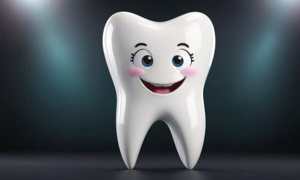 White cartoon tooth, dental character, booklet for book dental dental examination