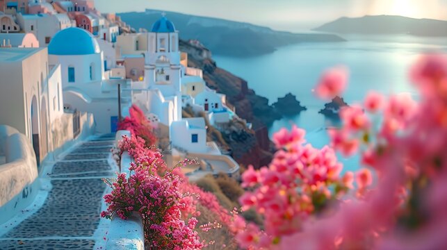 Fototapeta Santorini streets with windows and houses and flowers with tilt-shift miniature effect