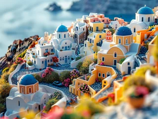 Rolgordijnen Santorini streets with windows and houses and flowers with tilt-shift miniature effect © Brian Carter