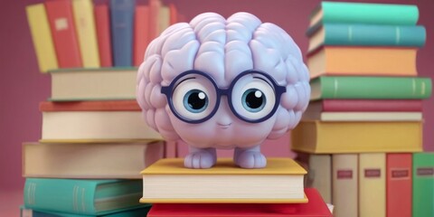 Animated smart cartoon brain standing on a background of books. Education, brainstorming and learning concept