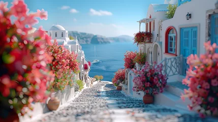 Wandaufkleber Santorini streets with windows and houses and flowers with tilt-shift miniature effect © Brian Carter
