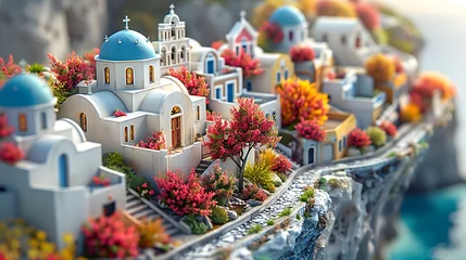 Gordijnen Santorini streets with windows and houses and flowers with tilt-shift miniature effect © Brian Carter