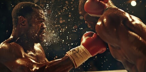 A boxers jaw clenches as he braces for a barrage of powerful punches from his opponent. - obrazy, fototapety, plakaty