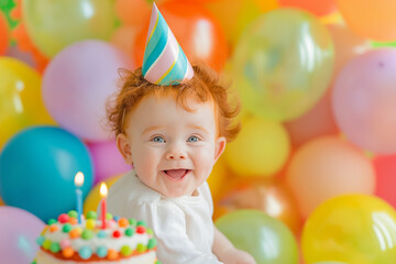 Fototapeta na wymiar redhead baby celebrating a birthday, wearing a party hat, surrounded by balloons and a birthday cake