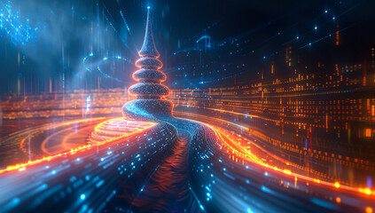 Futuristic Christmas Tree Design, Glowing Blue Lights in Abstract Background
