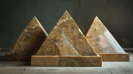 A pyramid trio sculpture made from sand-colored granite