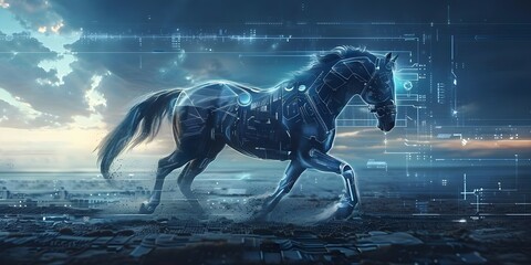 Horse symbolizes progress merging traditional strength with futuristic technology landscape backdrop. Concept Symbolism of progress, Blend of traditional and futuristic, Horse imagery