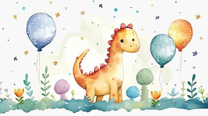 Obraz premium Dino-mite Birthday Bash: Colorful Balloons for a Cute Watercolor Dinosaur Illustration on White Background - Perfect for Children's Greeting Cards, Posters, and Banners!