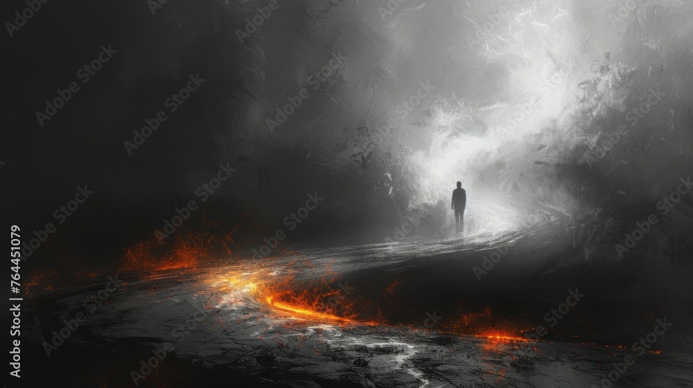 Poster a twisted and winding path leading into the unknown depths of a looming shadow beckoning with an oth