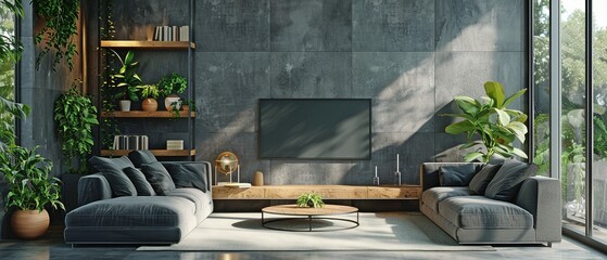 This contemporary living area has dark grey concrete walls, a few pieces of furniture, bookcases, and lights.