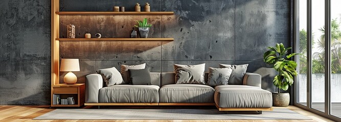 This contemporary living area has dark grey concrete walls, a few pieces of furniture, bookcases, and lights.